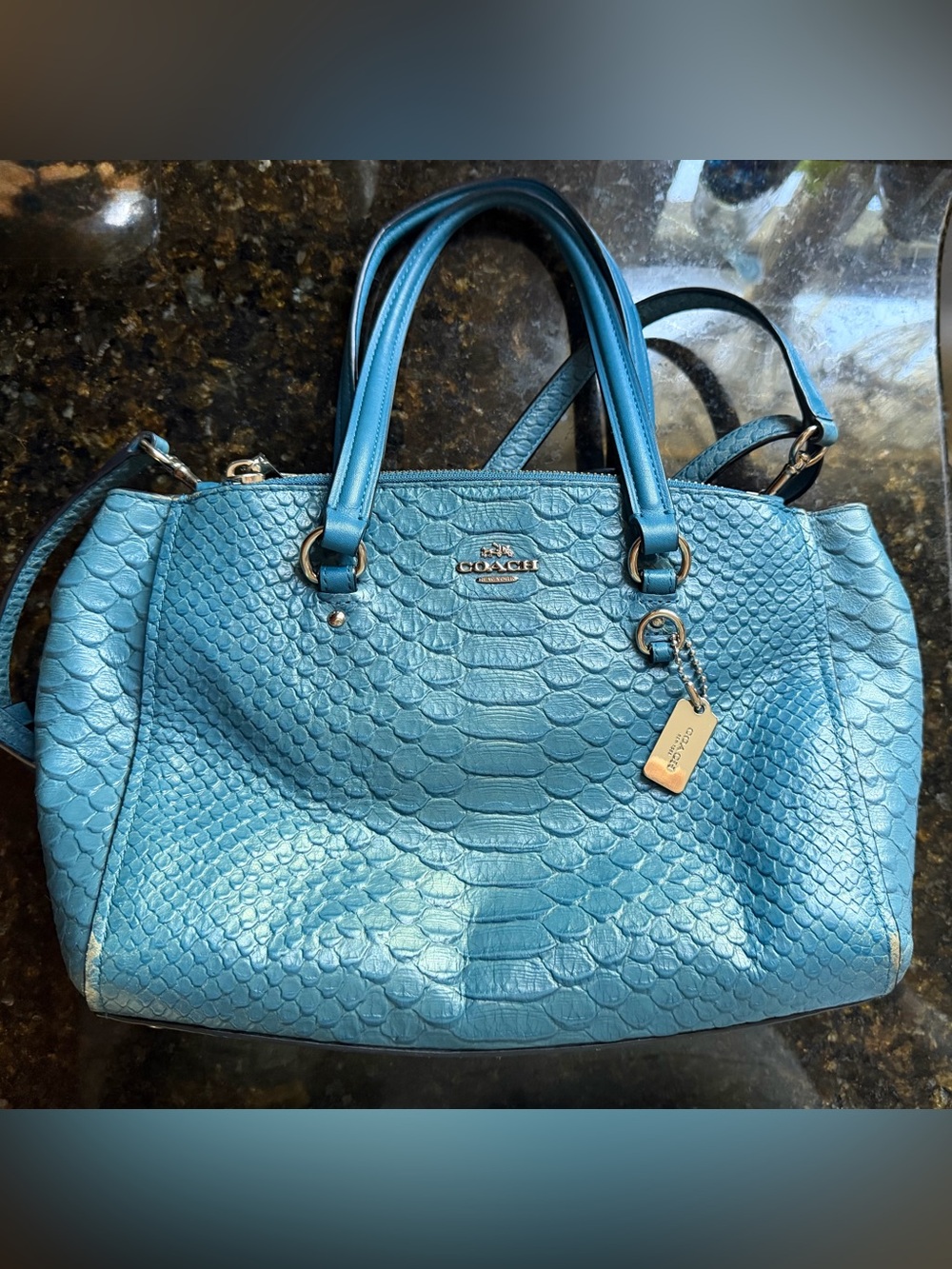 Coach Teal Blue Alligator Skin Satchel with Gold Hardware